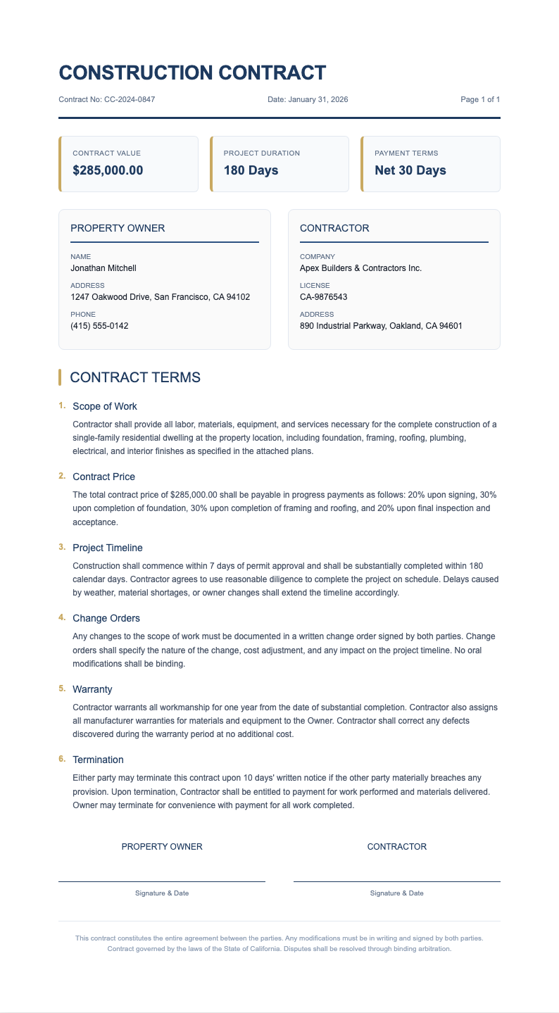 executive construction contract executive summary